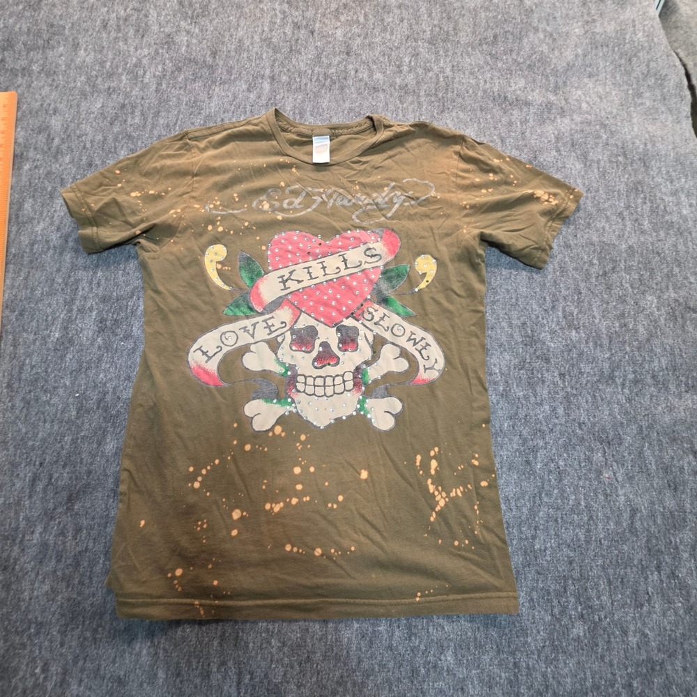 Ed Hardy Love Kills Slowly Rhinestone Bleach Splatter T-Shirt Olive Green M - Picture 5 of 13